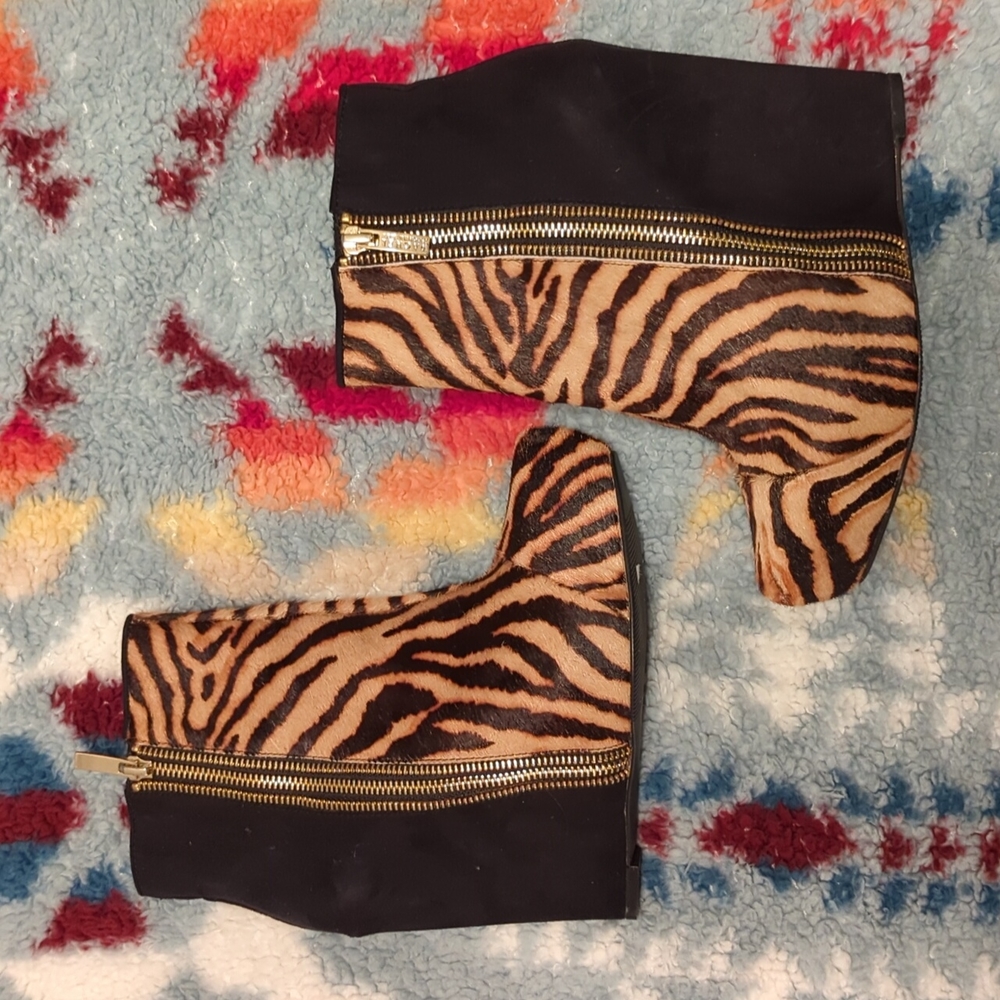 RACHEL Rachel Roy Black and Tan Zebra Print Wedge Booties